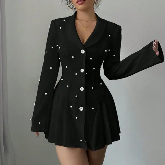 Black Elegant Women's Pearl Stud Button Front Blazer Jacket